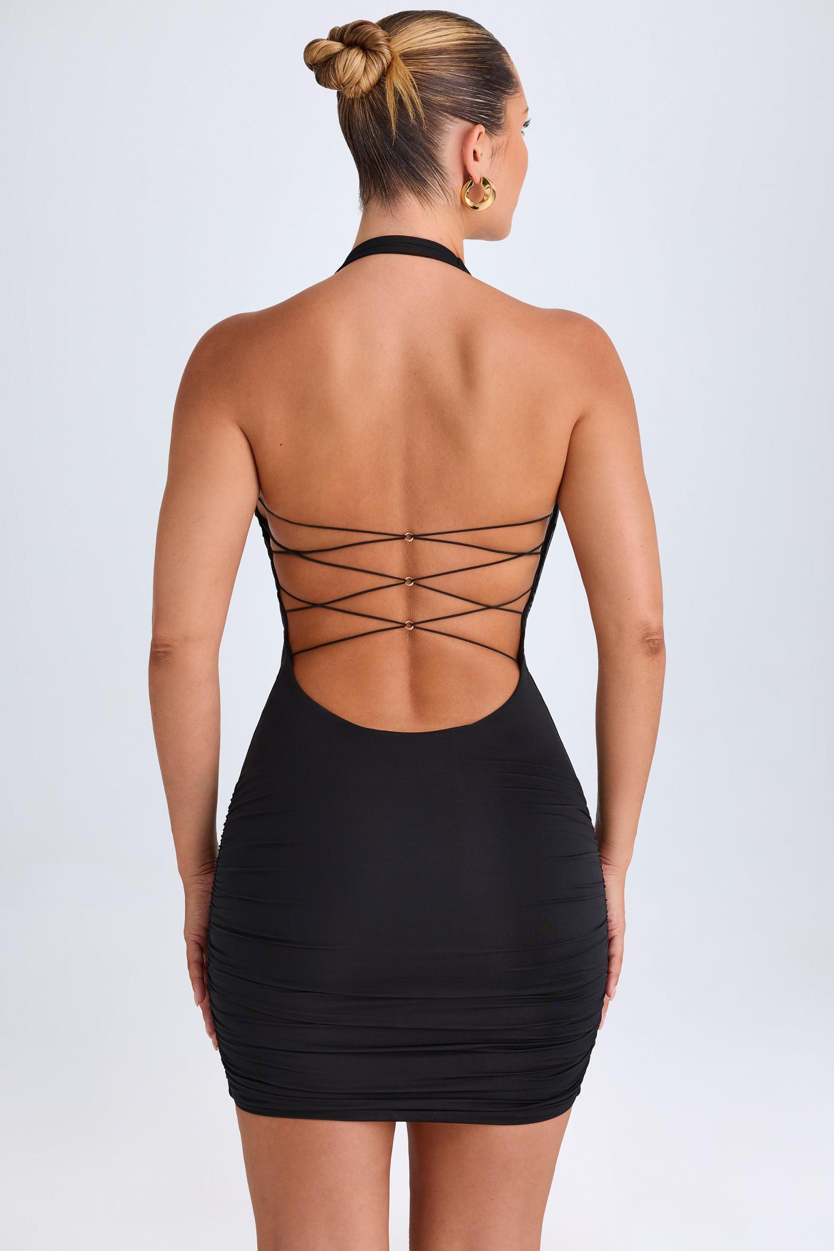 Hardware Detail Cut-Out Cowl-Neck Mini Dress in Black Product Image