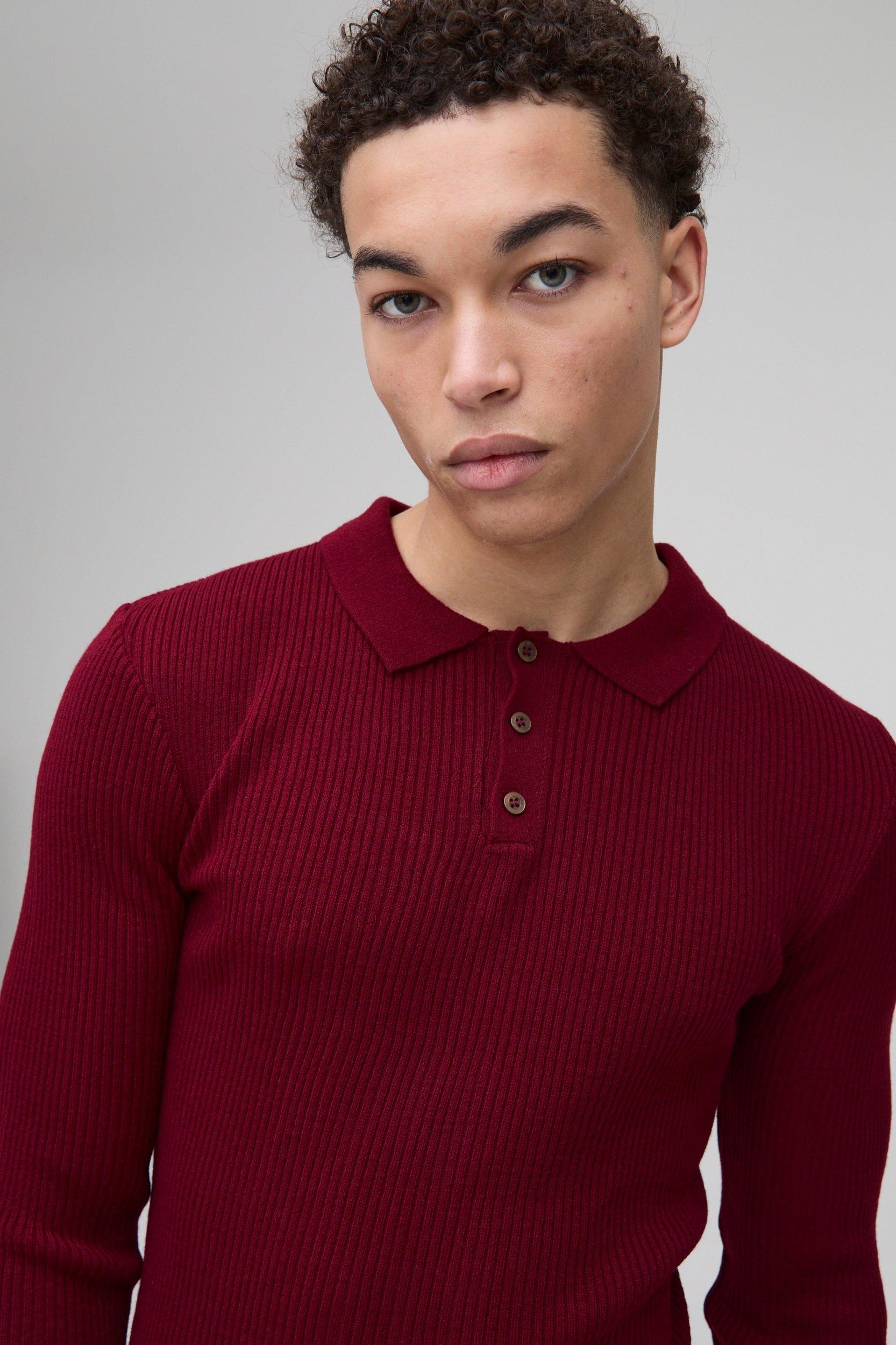 Muscle Fit Ribbed Button Neck Knitted Polo | boohooMAN USA Product Image