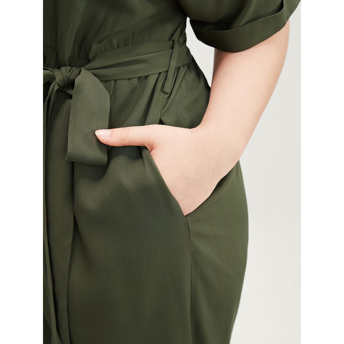 Plus Size ArmyGreen Plain Flap Pocket Belted Button Up Jumpsuit Women Office Short sleeve V-neck Office Loose Jumpsuits BloomChic 22-24/3X Product Image