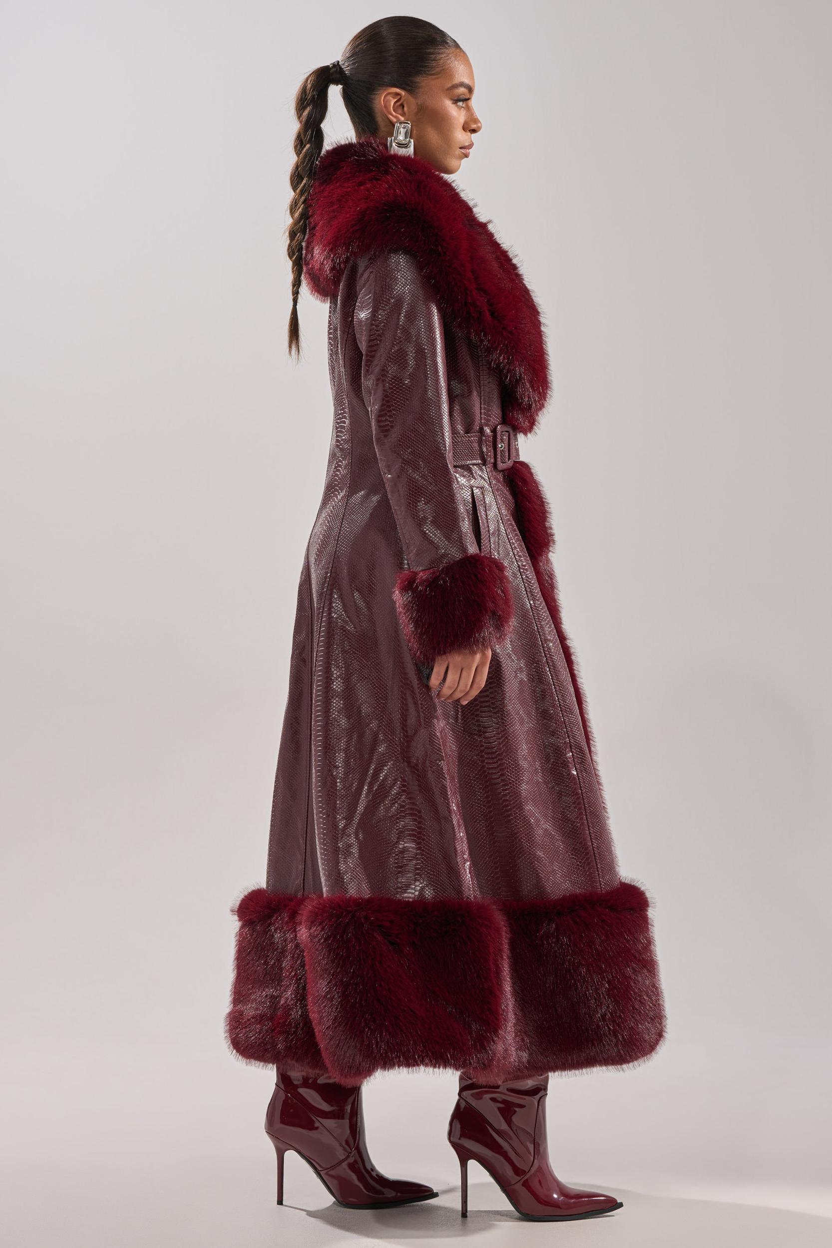 VIVIAN FUR TRIM TRENCH IN BURGUNDY Product Image