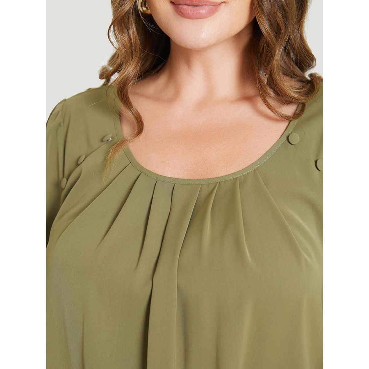 Plus Size SpringGreen Solid Pleated Button Detail Blouse Women Office Short sleeve Round Neck Office Blouses BloomChic 10/M Product Image