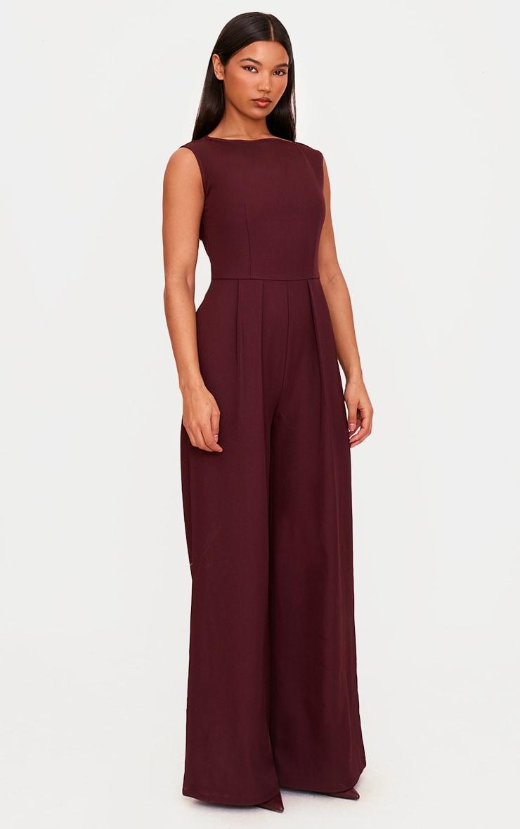 Burgundy Structured Woven Boat Neck Tailored Straight Leg Jumpsuit Product Image