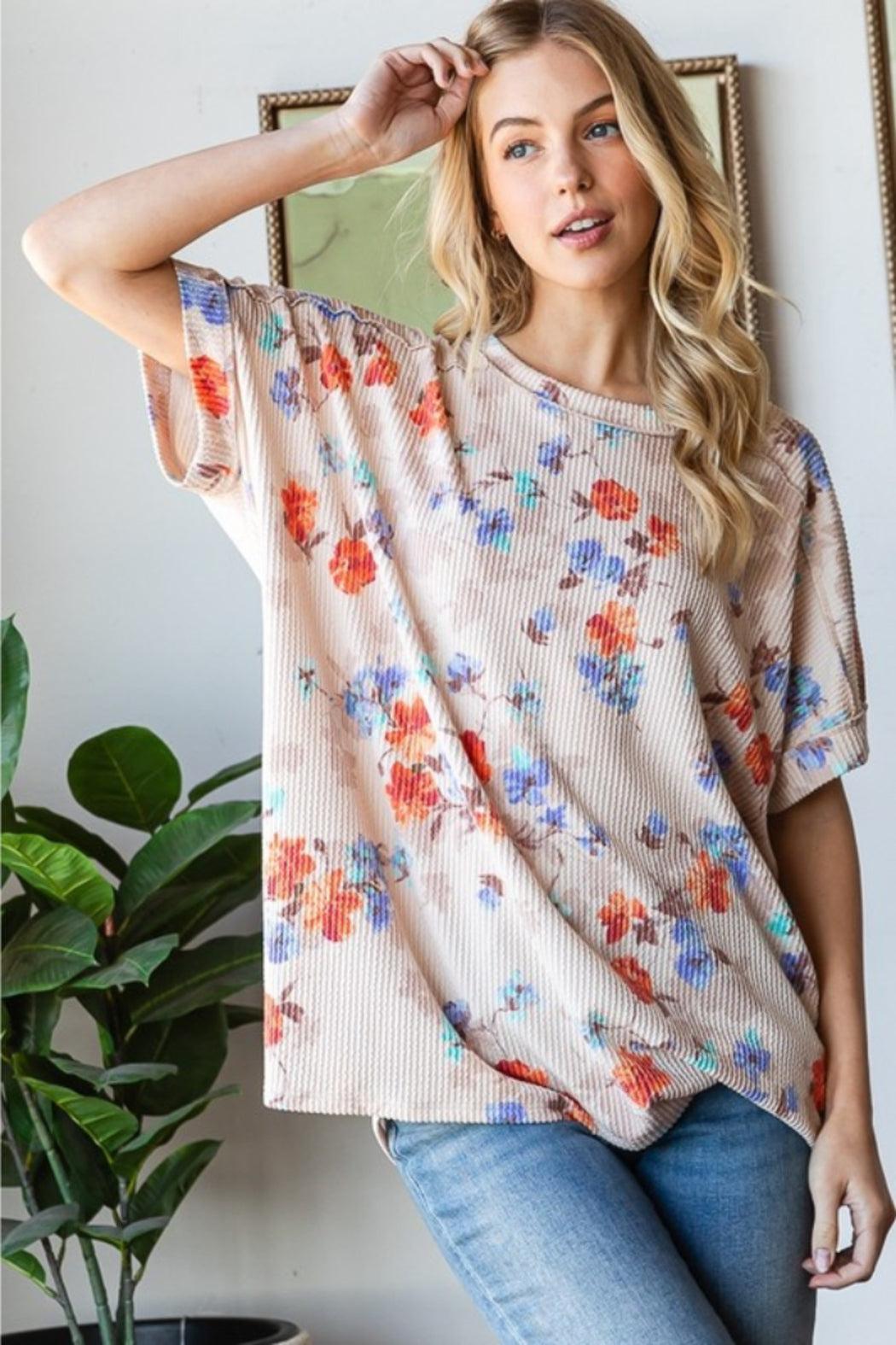 Short Sleeve Round Neck Multi Floral Print Top Product Image