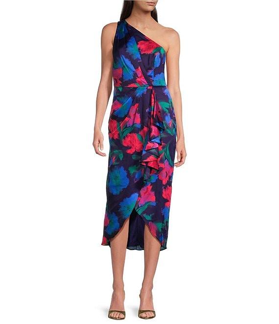 Adrianna Papell Floral Satin One Shoulder Sleeveless Ruffle Dress Product Image
