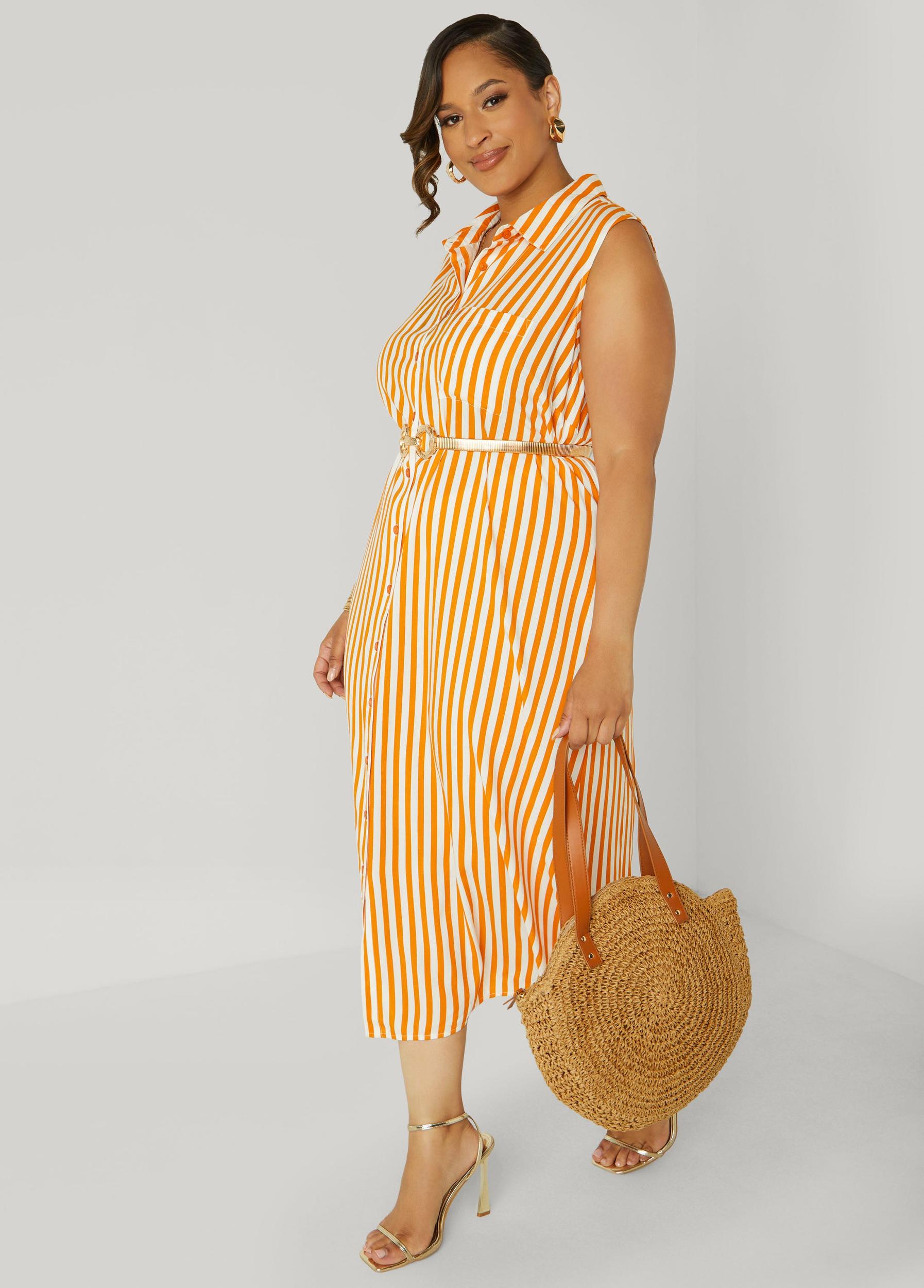 Plus Size Button Front Striped Shirtdress Ashley Stewart Product Image