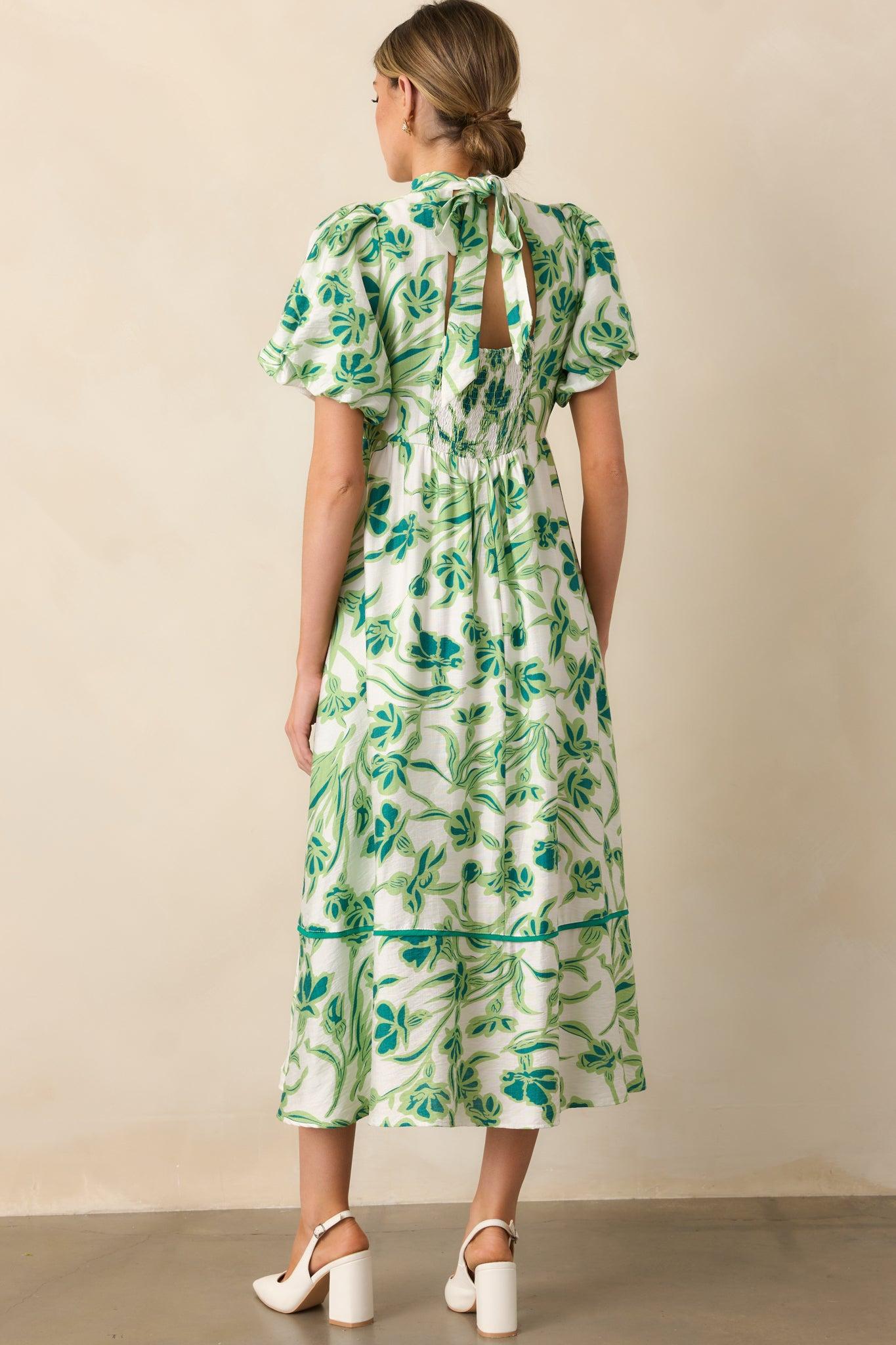 Blooming Season Green Floral Puff Sleeve Midi Dress Product Image