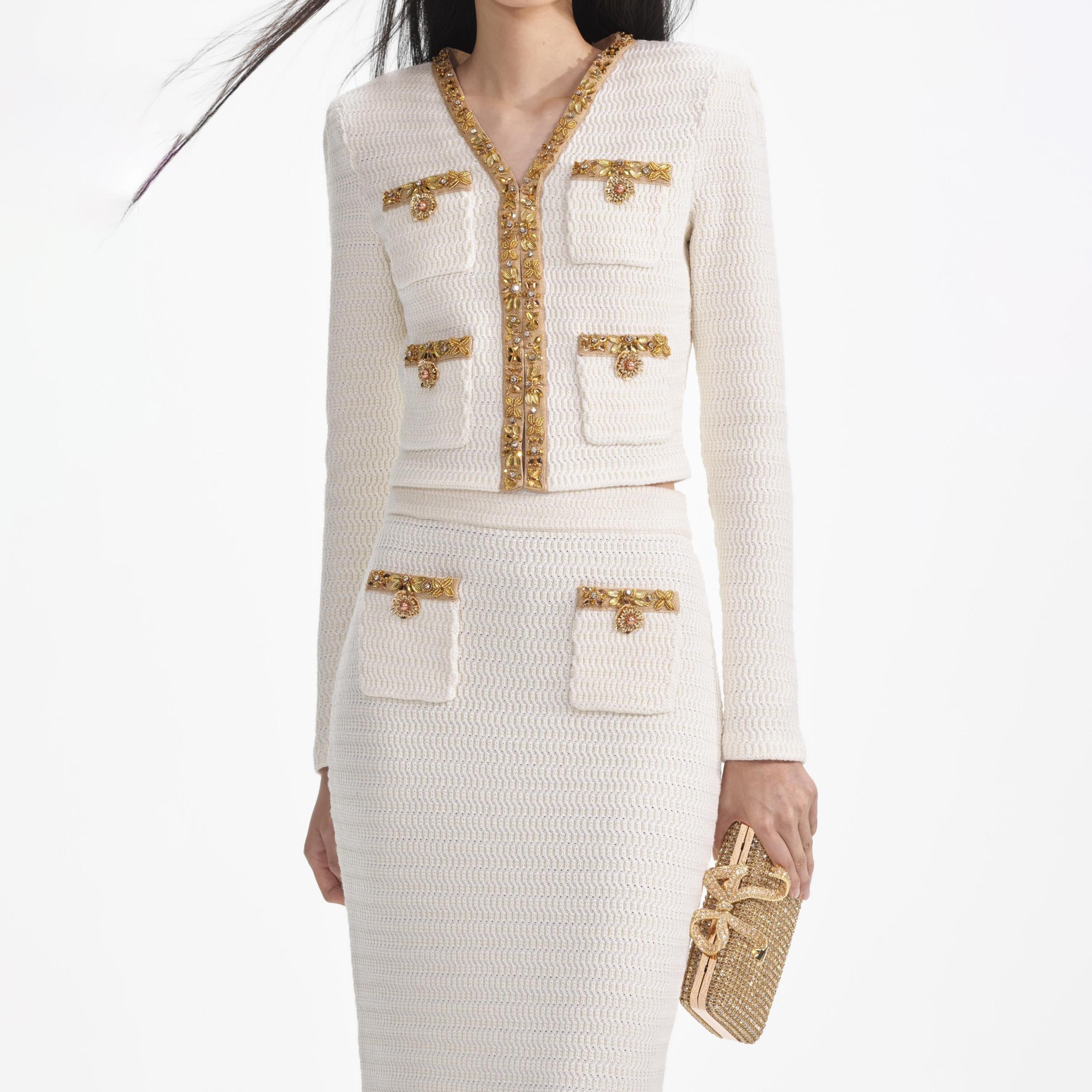 Cream Lurex Knit Midi Skirt Product Image