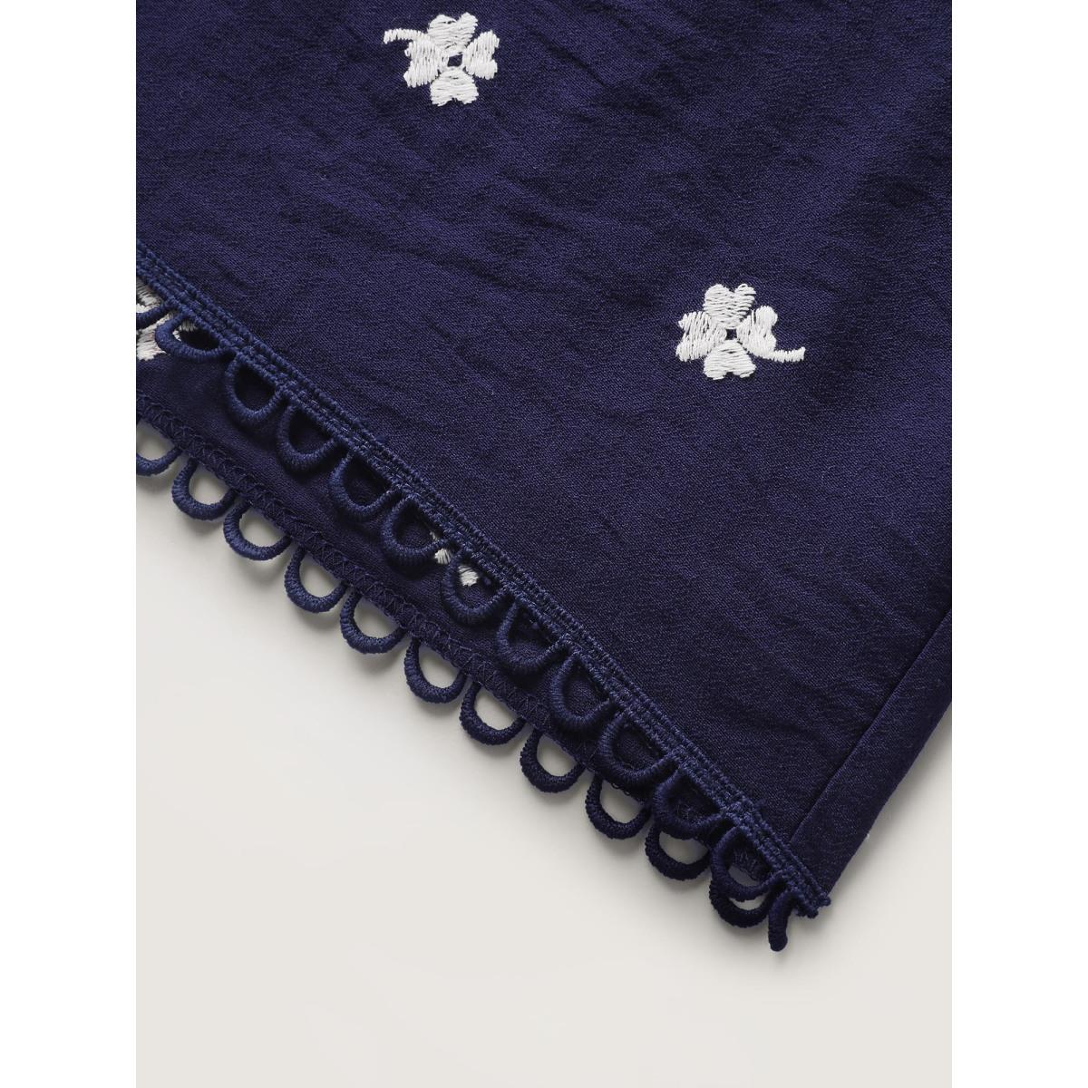 Plus Size Floral Embroidered Drawstring Wide Leg Shorts Women Indigo Casual Embroidered Wide Leg Everyday-Casual Shorts BloomChic 14-16/1X Product Image