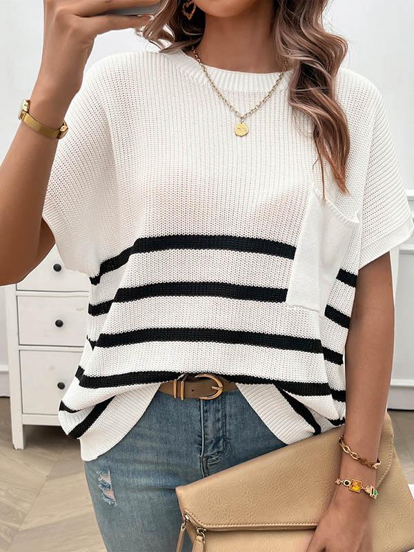 Half Sleeves Loose Pockets Striped Round-neck Knitwear Sweater Tops Product Image