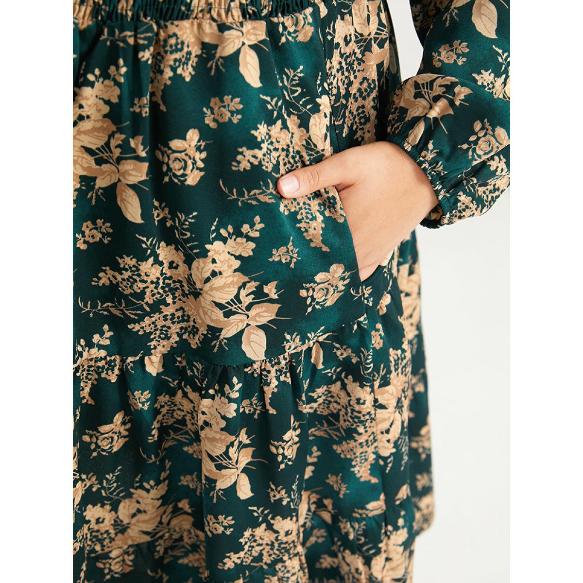 Plus Size Silhouette Floral Print Surplice Neck Shirred Dress Cyan Women Elegant Elastic cuffs V-neck Long Sleeve Curvy Midi Dress BloomChic 14-16/1X Product Image
