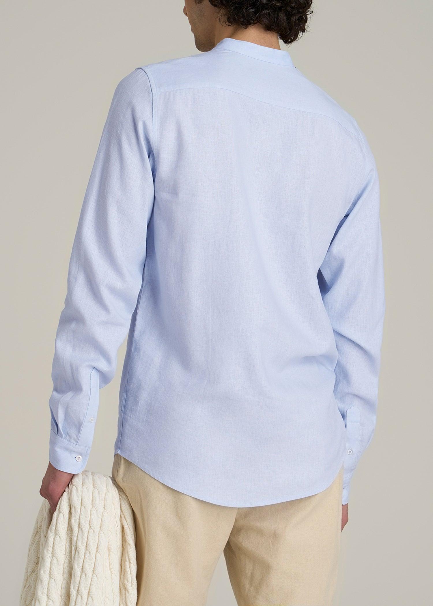 Band Collar Linen Button Shirt for Tall Men in Airy Blue Male Product Image