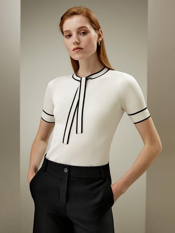 LILYSILK Womens Silk T Shirt - White with Black Stripes 100% Silk - Elegant Black Trim T Shirt M Product Image