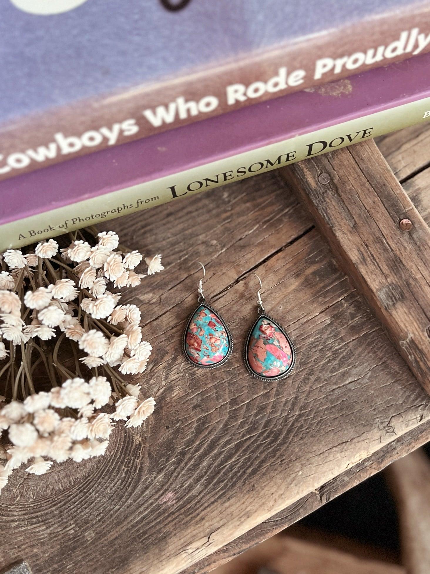 Big Tear Drop Stone Turquoise Dangle Earrings - 2 Colors Product Image