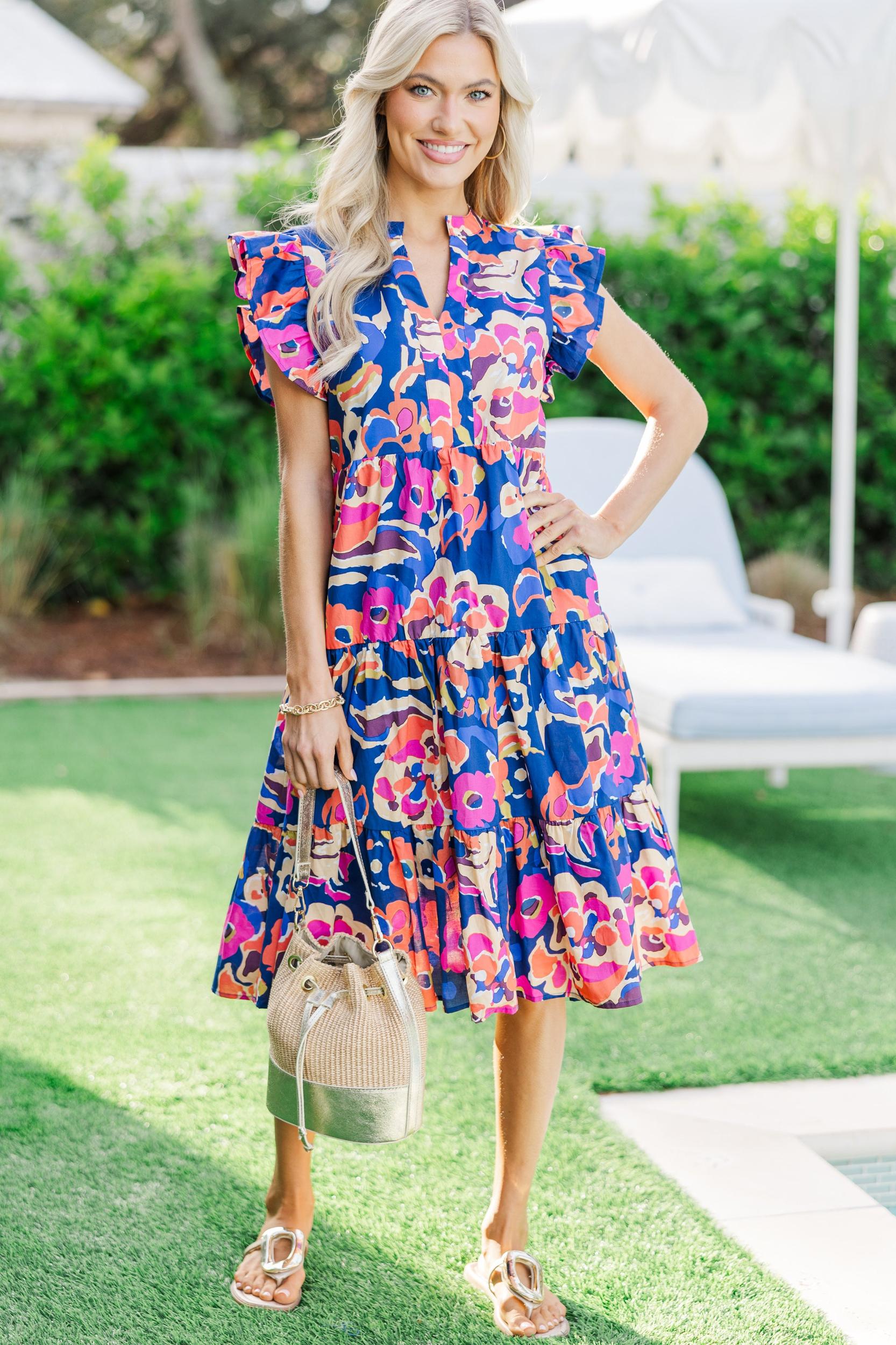Make It Your Own Navy Blue Floral Tiered Dress Female Product Image