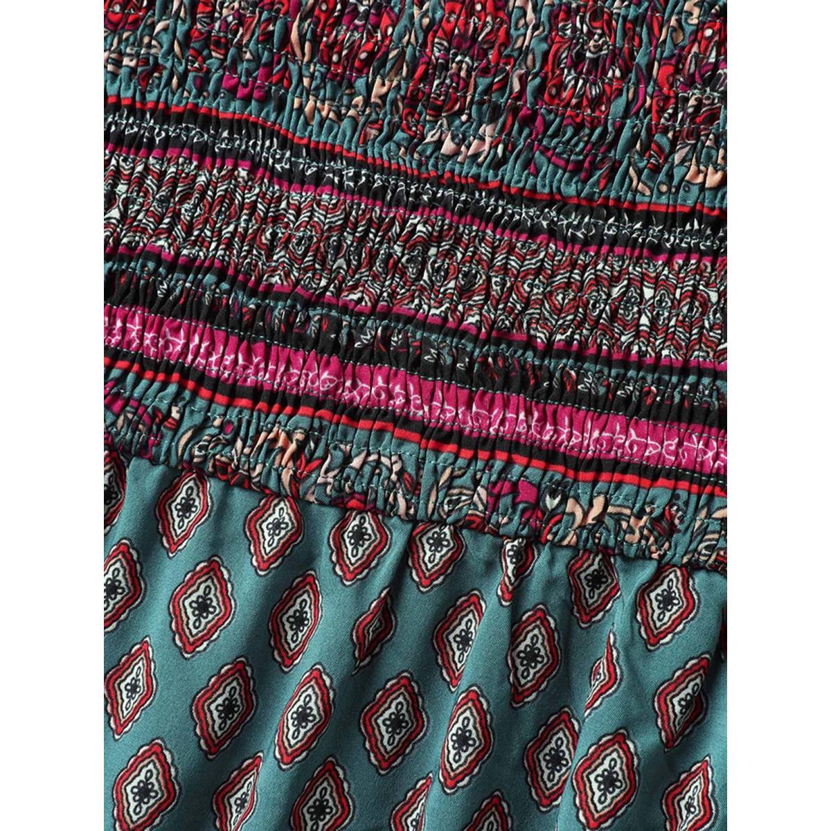 Plus Size Paisley Print Shirred Bodice Midi Dress Teal Women Boho Square Neck Elbow-length sleeve Curvy BloomChic 26/4X Product Image