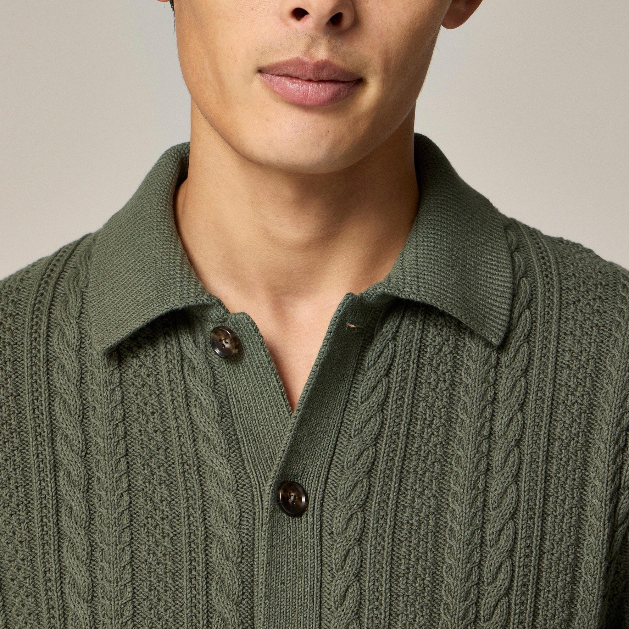 Short-sleeve cotton cable-knit cardigan sweater-polo Product Image