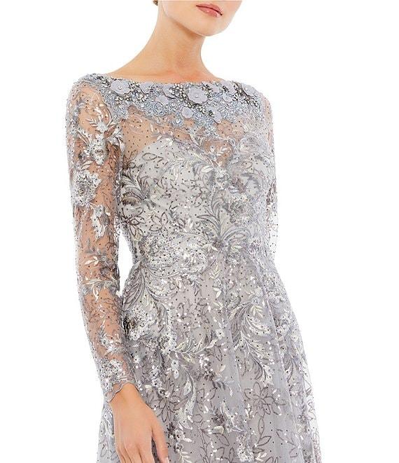 Mac Duggal Floral Embroidered Sequin Illusion Boat Neck Long Sleeve Gown Product Image