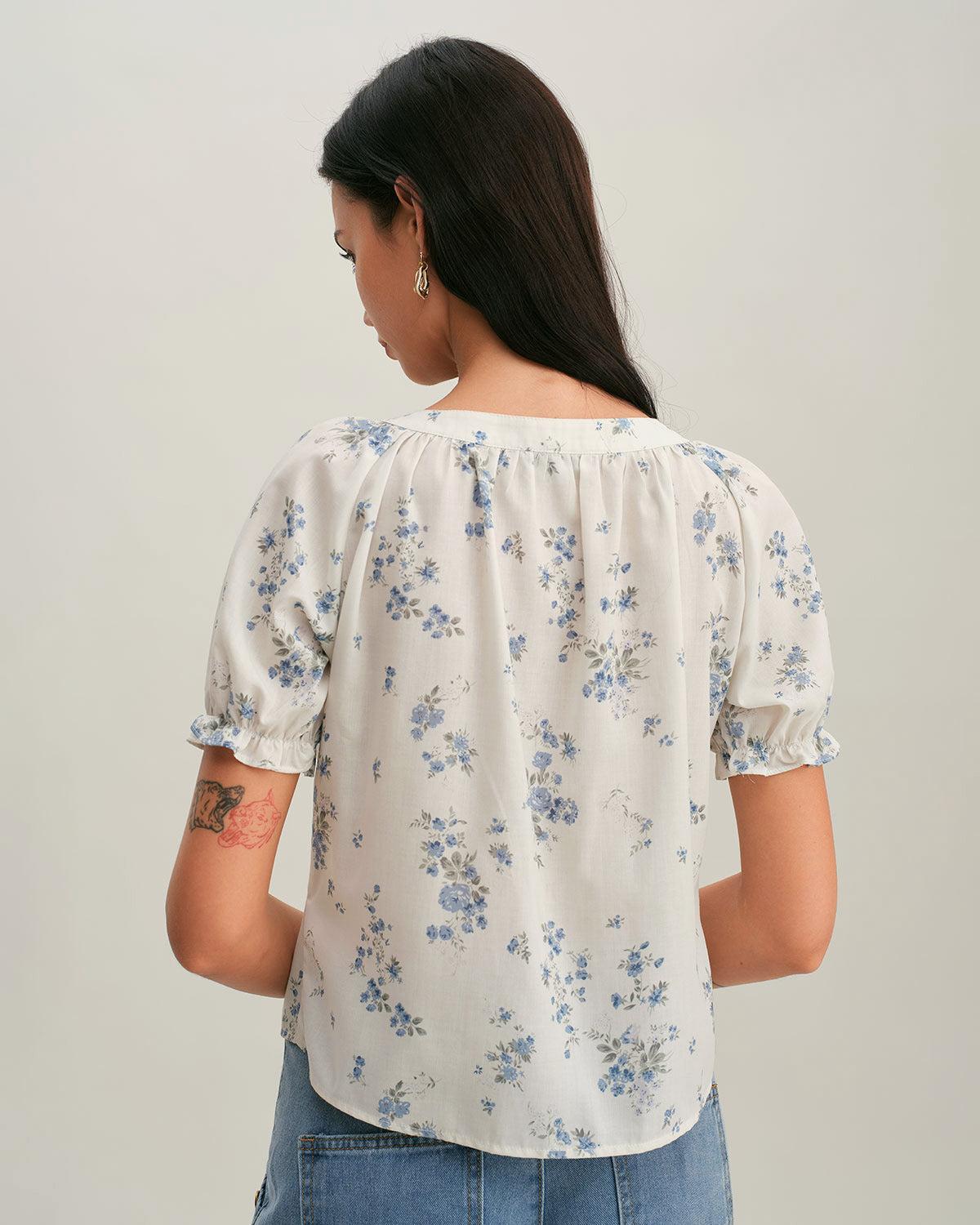 Blue Floral V Neck Button Blouse Product Image