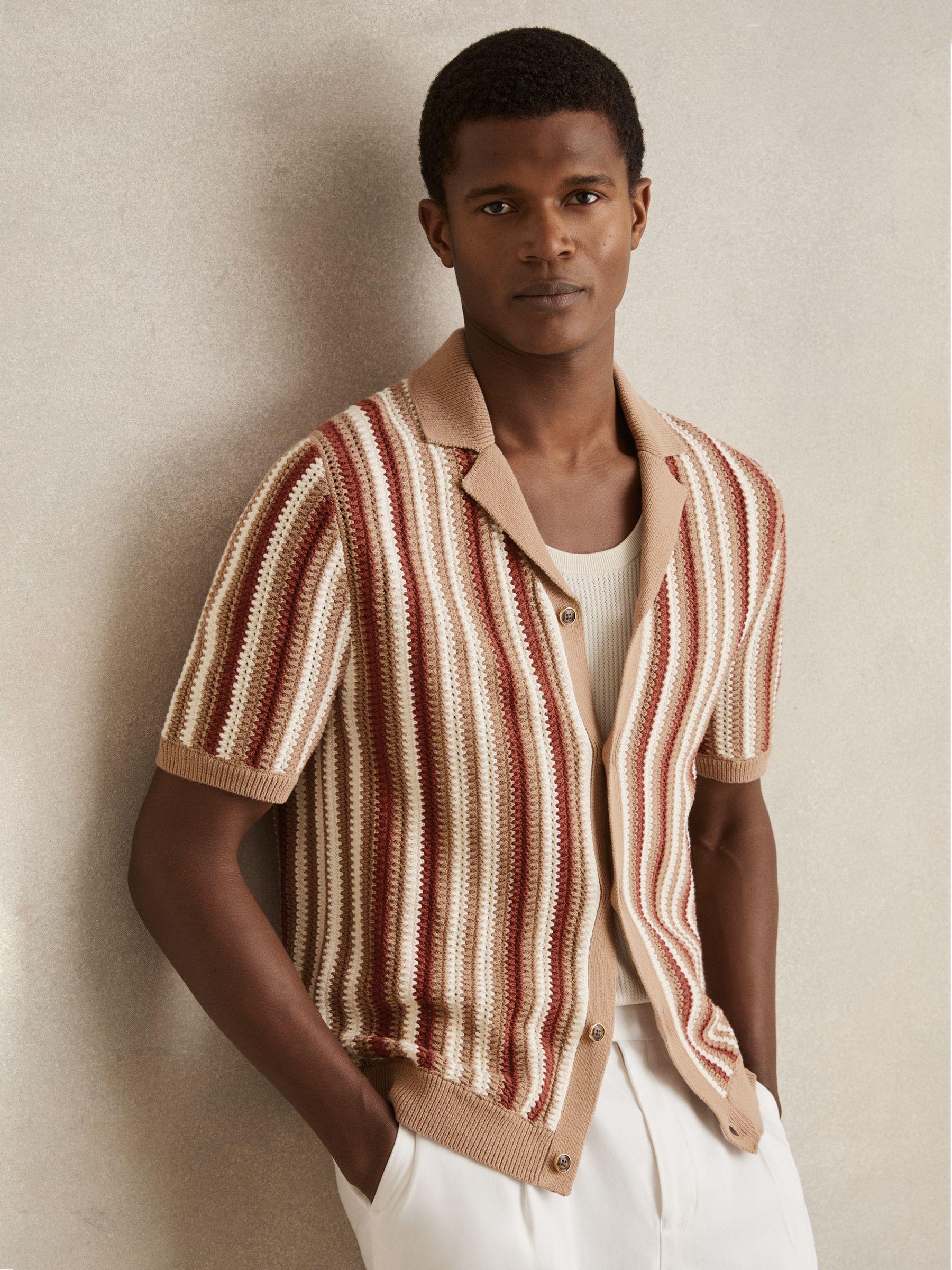 Cotton Crochet Stripe Cuban Shirt in Camel Multi Product Image