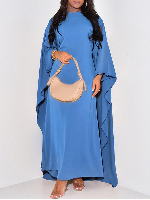 High-Low Long Sleeves Solid Color Round-Neck Maxi Dresses Product Image