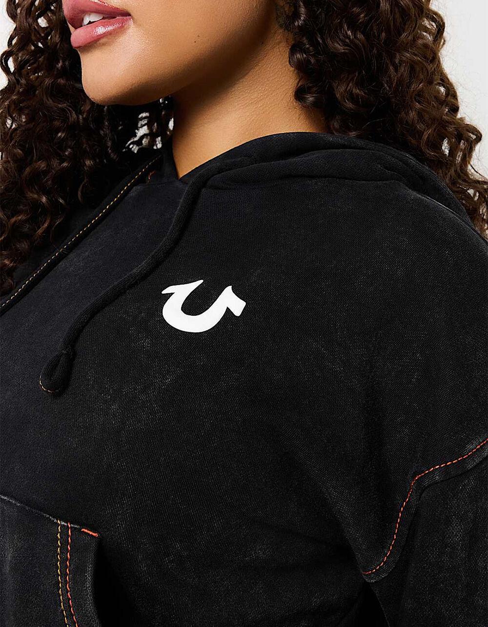 TRUE RELIGION Vintage Wash Logo Womens Crop Hoodie - BLACK Product Image