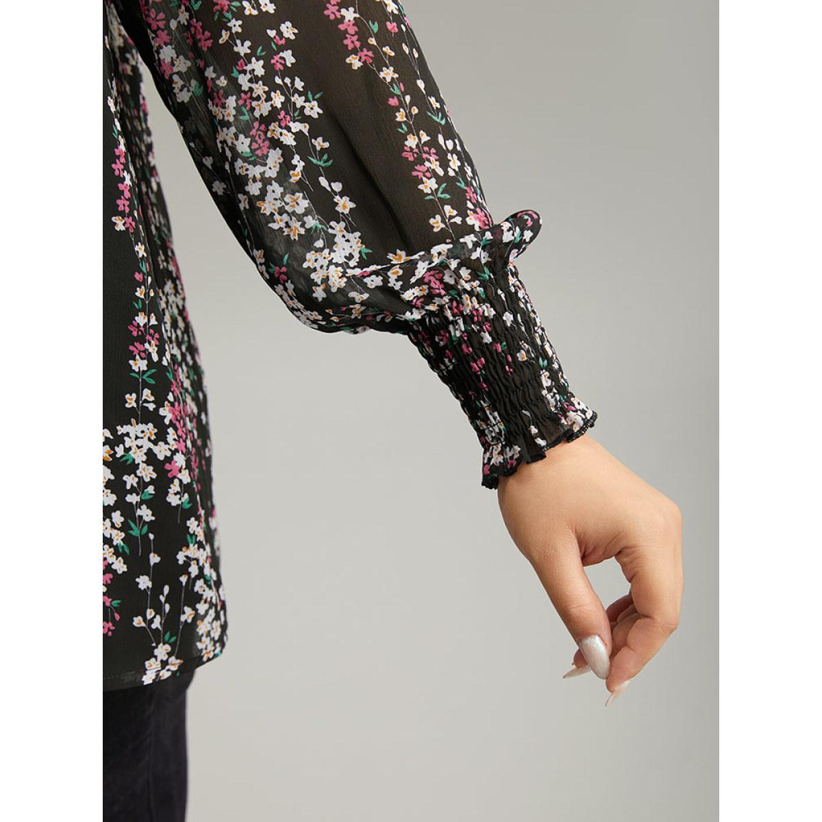 Plus Size Black Ditsy Floral Chiffon Ruffles Shirred Pleated Mesh Blouse Women Elegant Long Sleeve Round Neck Dailywear Blouses BloomChic 14-16/1X Product Image