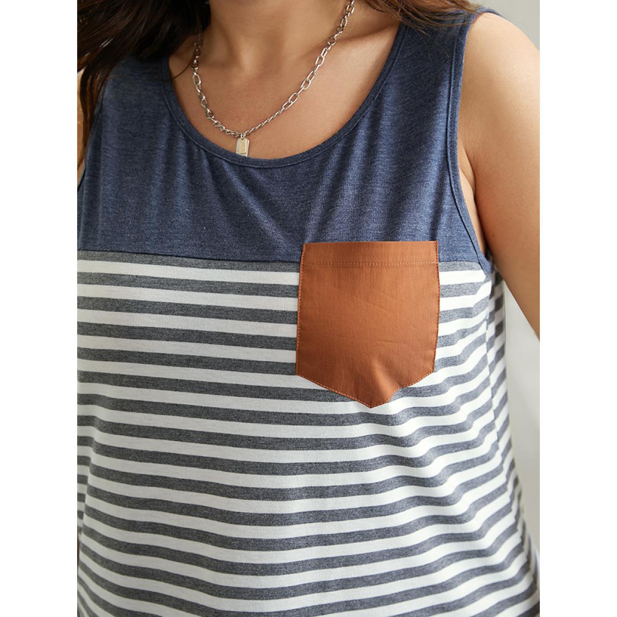 Plus Size Striped Patchwork Contrast Pocket Tank Top Women Blue Casual Contrast Round Neck Dailywear Tank Tops Camis BloomChic 10/M Product Image
