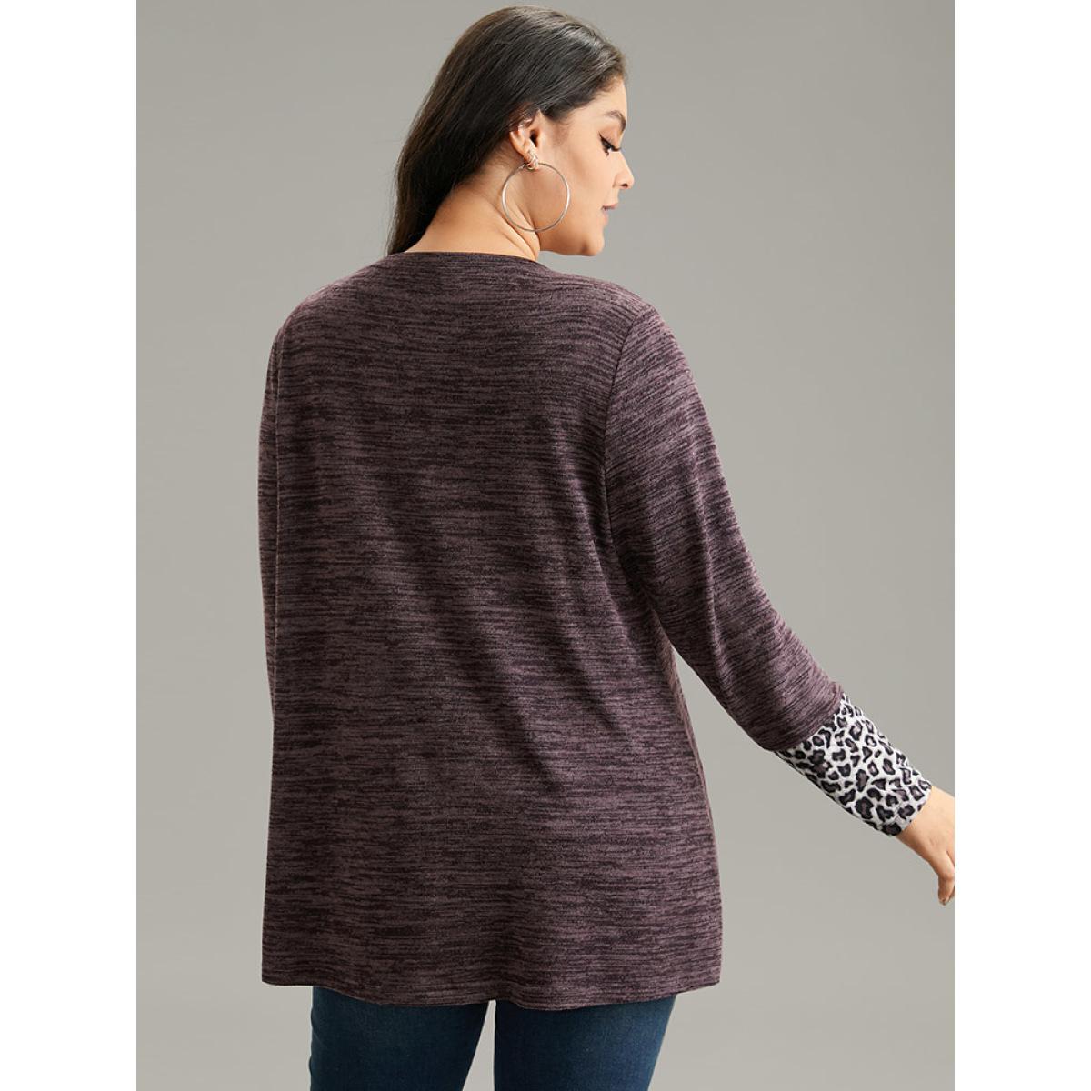 Plus Size Leopard Patchwork Heather Patched Pocket T-shirt Purple Women Casual Contrast Leopard Round Neck Dailywear T-shirts BloomChic 10/M Product Image