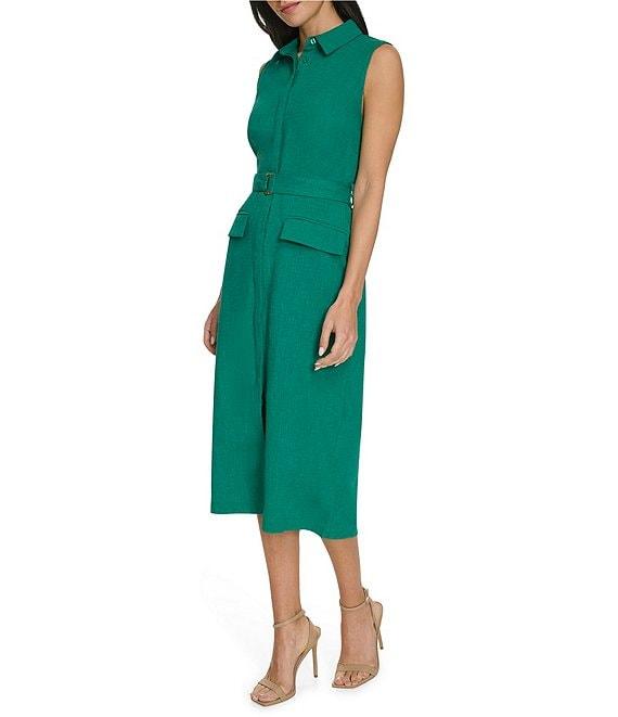 Calvin Klein Collared Neck Sleeveless Belted Crosshatch Crepe Sheath Midi Dress Product Image