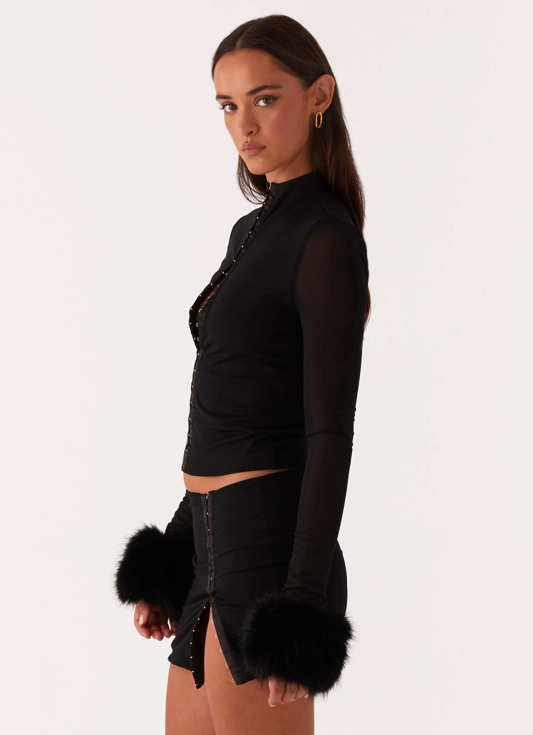 Tayanna Fur Trim Long Sleeve Top - Black Product Image