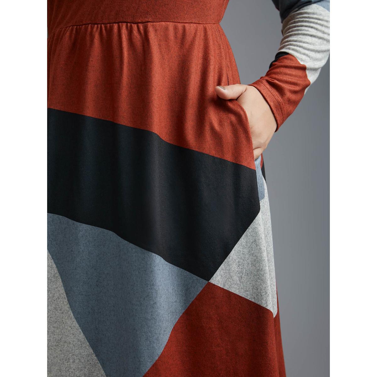 Plus Size Round Neck Geometric Colorblock Contrast Dress Multicolor Women Casual Contrast Knit Dresses Bloomchic 30/6X Product Image