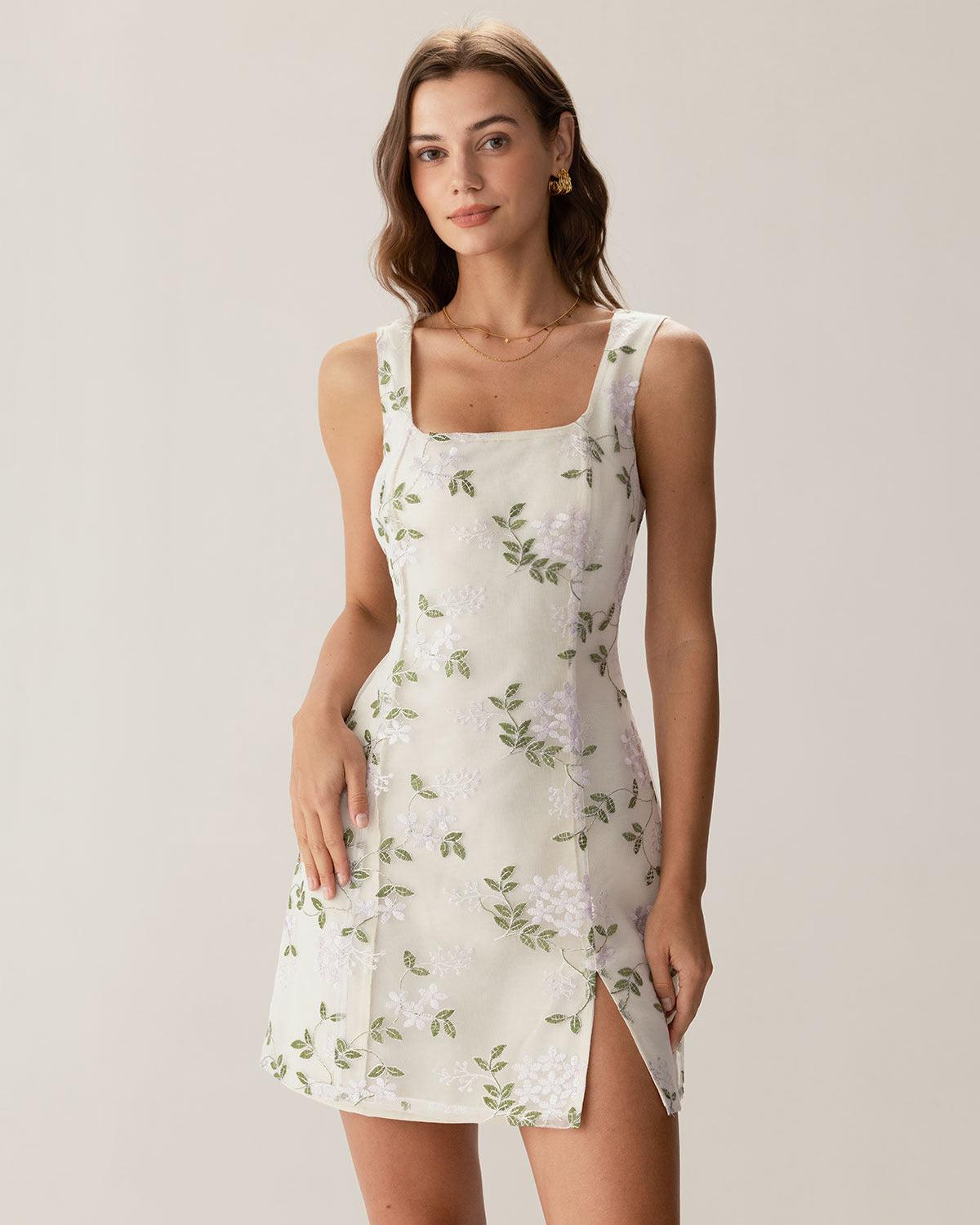 Beige Square Neck Embroidery Slit Slip Mini Dress Product Image