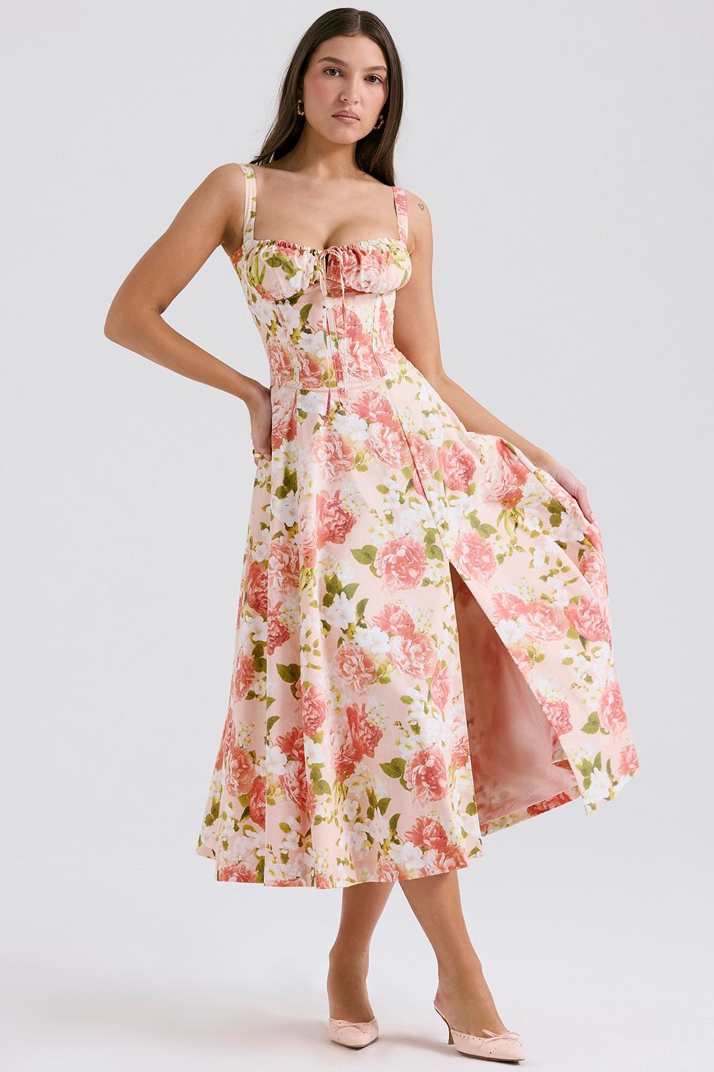 Carmen  pink peony print cotton bustier sundress Product Image