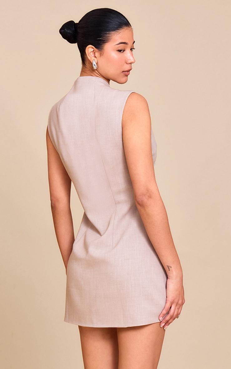  Sand Woven Collarless Button Mini Dress Product Image