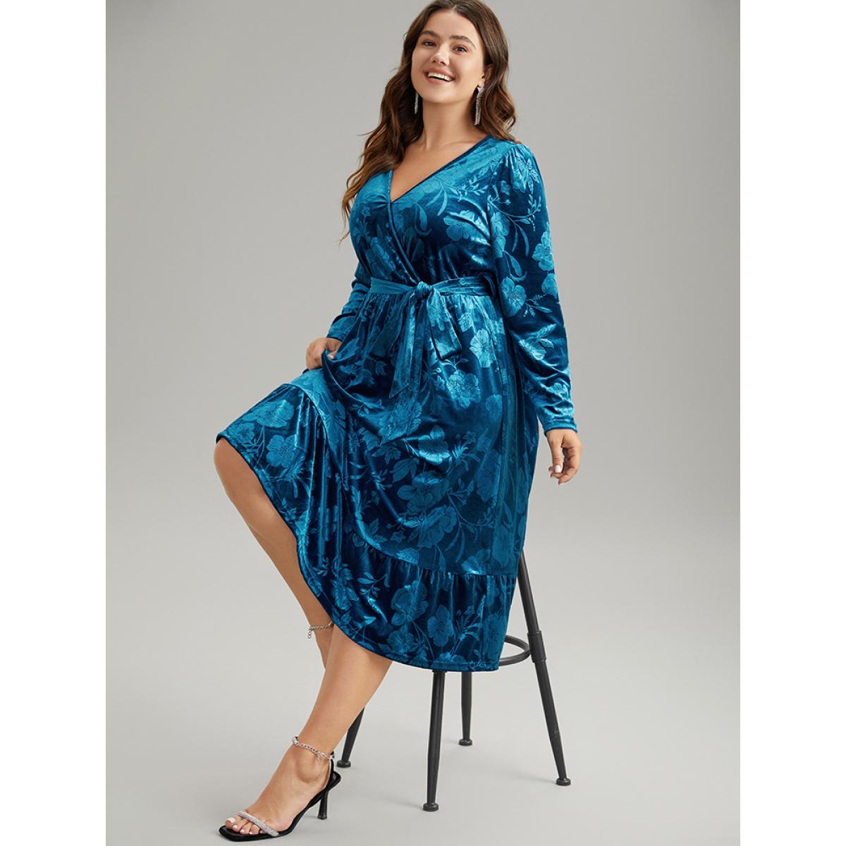 Plus Size Velvet Silhouette Floral Print Belted Wrap Dress Blue Women Party Wrap Overlap Collar Long Sleeve Curvy Midi Dress BloomChic 12/L Product Image