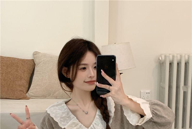 Loungewear Set : Long-Sleeve Lace Trim Shirt + Pants Product Image