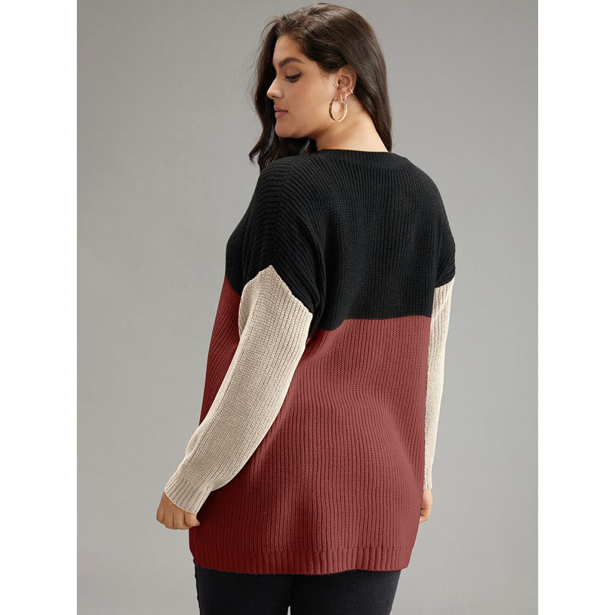 Plus Size Colorblock Contrast Crew Neck Pullover Rust Women Casual Loose Long Sleeve Round Neck Dailywear Pullovers BloomChic 28/5X Product Image