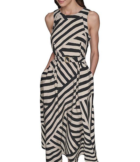 KARL LAGERFELD PARIS Printed Rumpled Rayon Blend Crew Neck Belted A-Line Midi Dress Product Image