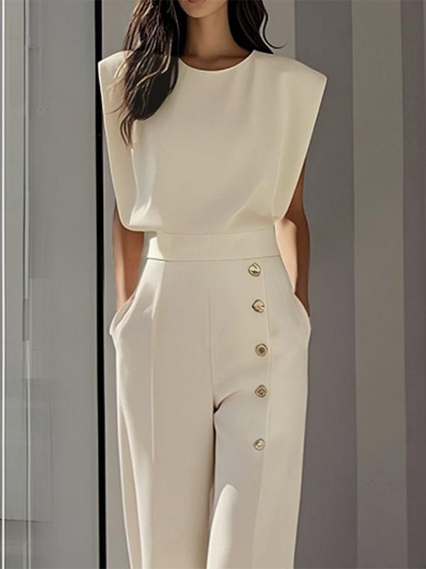 Cap Sleeve Loose Buttoned Solid Color Round-Neck Jumpsuits Product Image