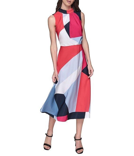 KARL LAGERFELD PARIS Silky Crepe Abstract Print Halter Neck Sleeveless Blouson Midi Dress Product Image