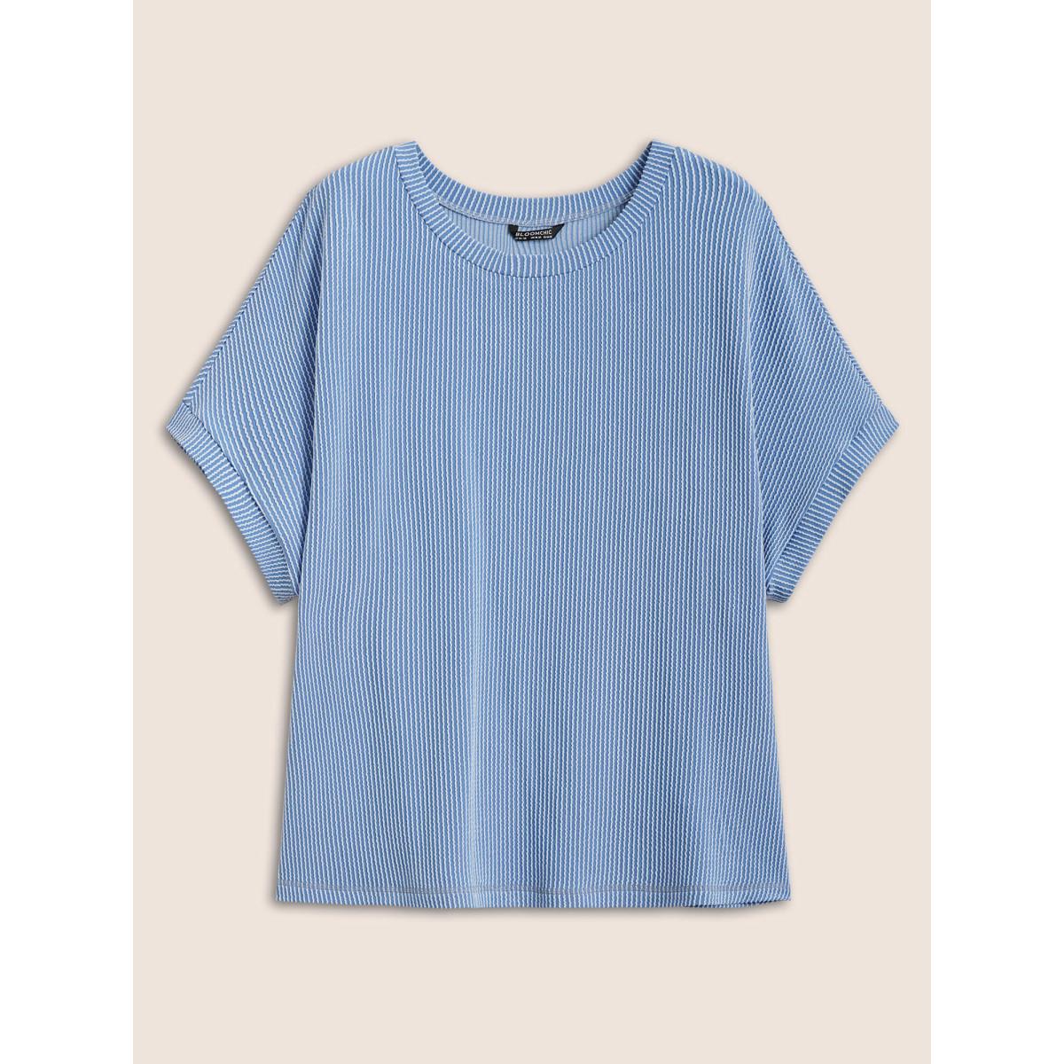 Plus Size Striped Round Neck Batwing Sleeve T-shirt Blue Women Casual Round Neck Everyday T-shirts BloomChic 12/L Product Image