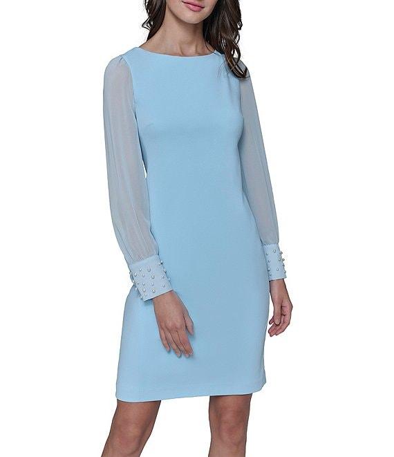 KARL LAGERFELD PARIS Scuba Crepe Crew Neck Chiffon Long Sleeve Pearl Cuff Sheath Mini Dress Product Image
