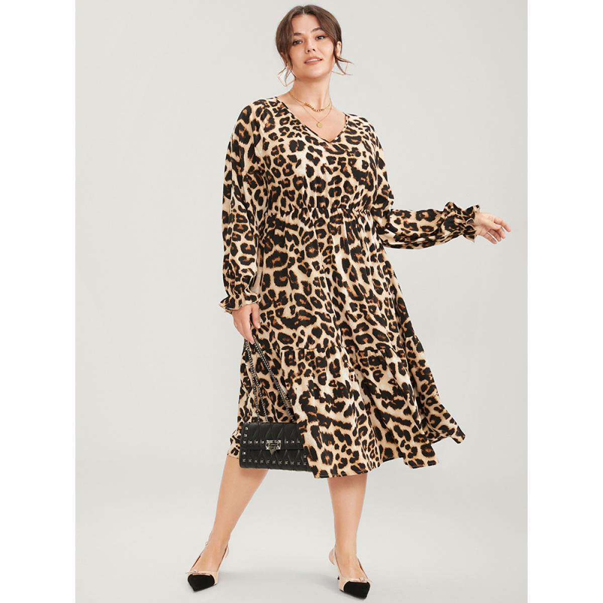 Plus Size Leopard Lantern Sleeve Pocket Ruffles Tiered Dress DarkBrown Women Office Pocket V-neck Long Sleeve Curvy Midi Dress BloomChic 26/4X Product Image