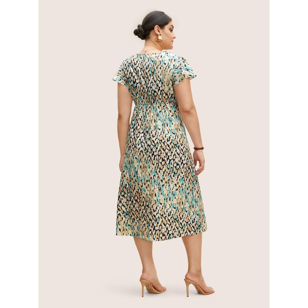 Plus Size V Neck Allover Print Ruffle Cap Sleeve Dress LightBlue Women At the Office Ruffles V-neck Cap Sleeve Curvy BloomChic 18-20/2X Product Image
