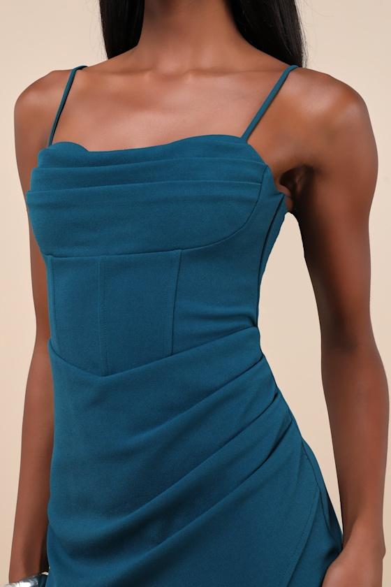 Always Turning Heads Dark Teal Bustier Tulip Midi Dress Product Image