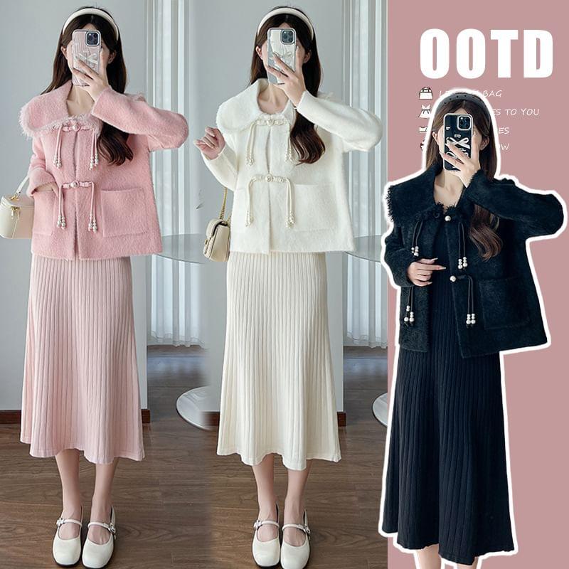 Maternity Frog Buttoned Jacket / Spaghetti Strap Knit Pleated Midi A-Line Dress / Set Product Image
