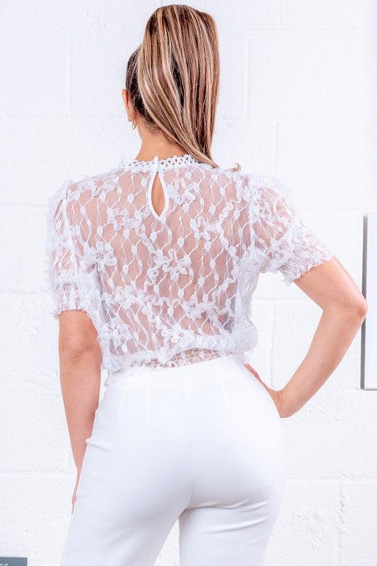 3D White Floral Mesh Puff Sleeve Blouse Product Image