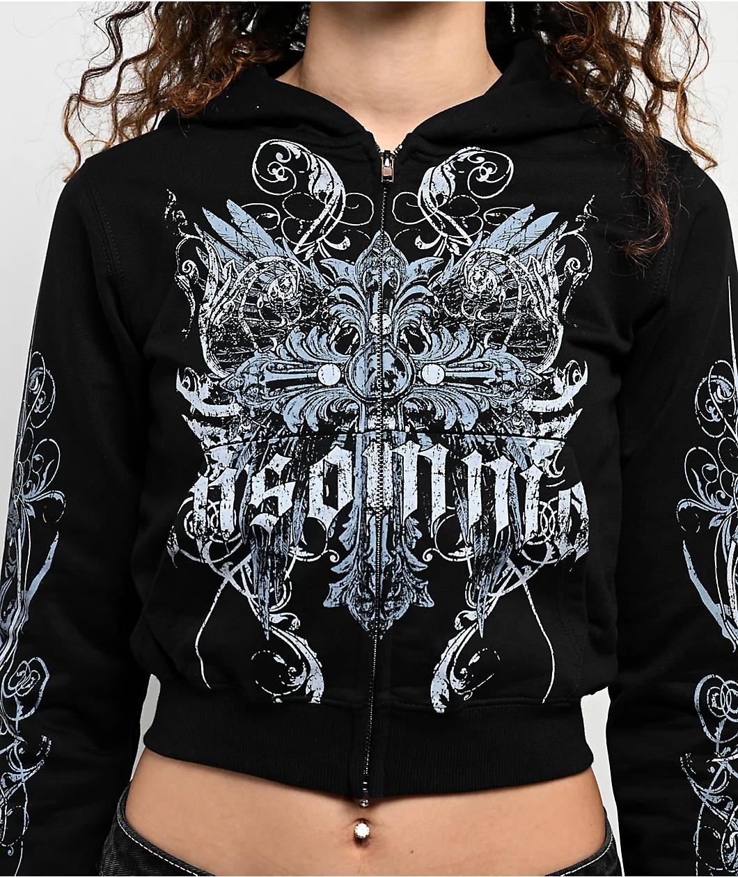 Insomnia Visuals Crucifix Rhinestone Black Crop Zip Hoodie Product Image
