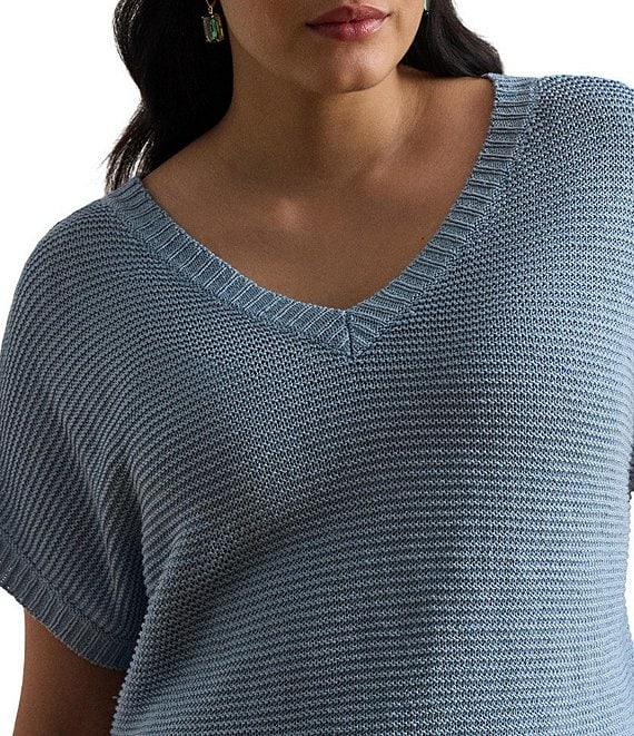 Lauren Ralph Lauren Plus Size Linen-Blend Ribbed V-Neck Short Dolman Sleeve Sweater Product Image