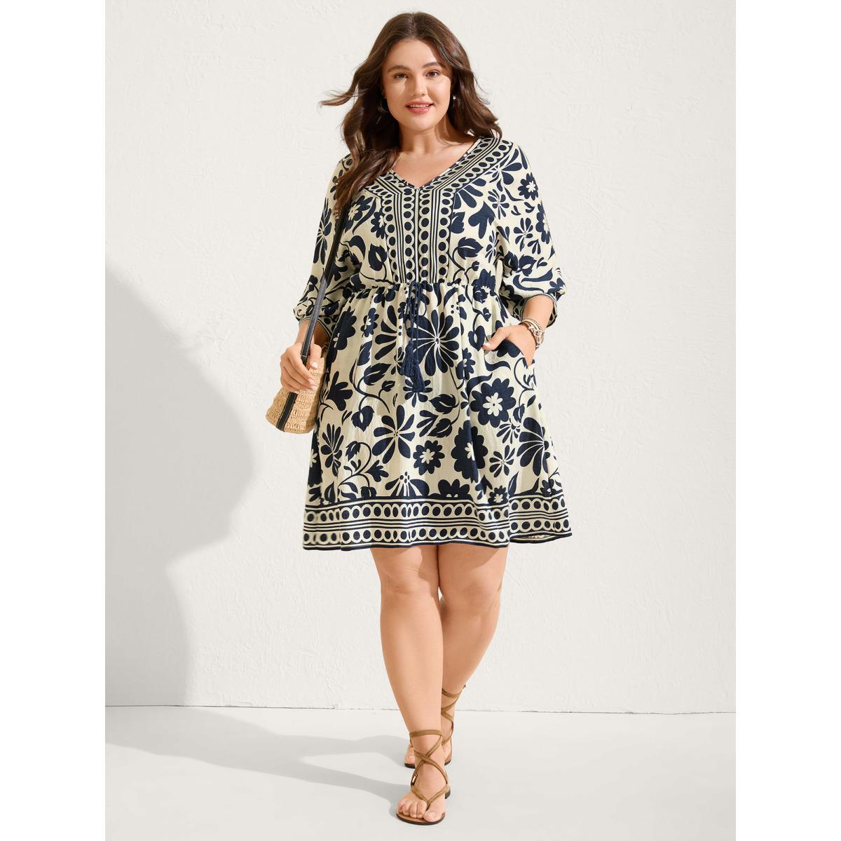 Plus Size Floral Waist-Drawstring Tassel Midi Dress Navy Women Boho V-neck Elbow-length sleeve Curvy BloomChic 18-20/2X Product Image